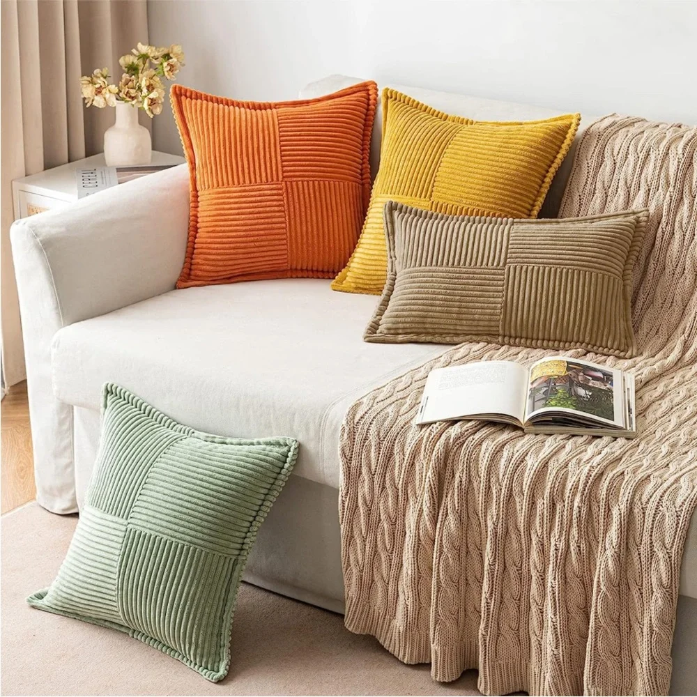Tan Striped Texture Corduroy Decorative Farmhouse Luxury Soft Pillow Cover Set
